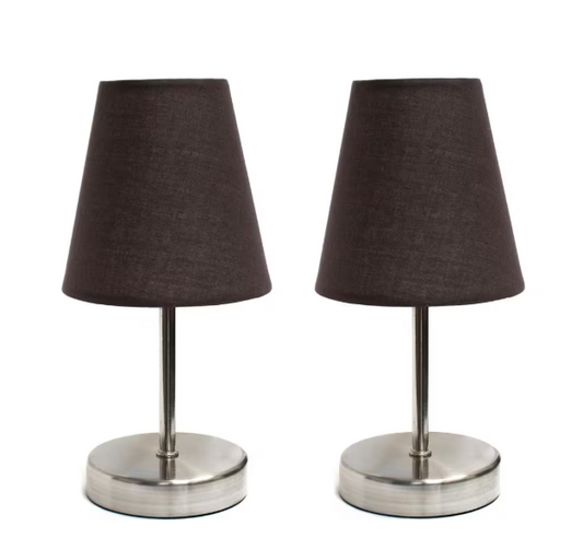 10.5 in. Iconic Duo Mini Sand Nickel Table Lamp 2-Pack Set, for End Tables, Nightstands, Offices, Brown Shades