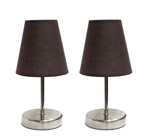 10.5 in. Iconic Duo Mini Sand Nickel Table Lamp 2-Pack Set, for End Tables, Nightstands, Offices, Brown Shades