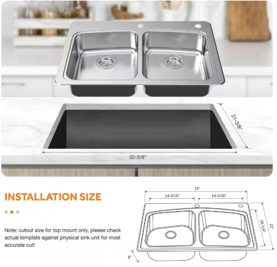 Glacier Bay 33 in. Drop-In 50/50 Double Bowl 20 Gauge Stainless Steel Kitchen Sink with Pull-Out Faucet VT3322R08-2A