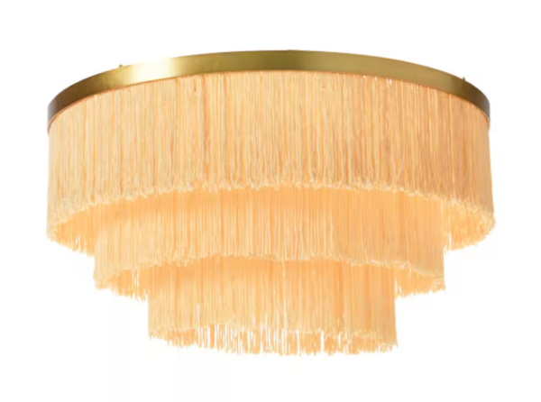 Storied Home 13 3/4 in. 2-Light Sleek Gold Flush Mount with Fringe Shade in Cream EC0919