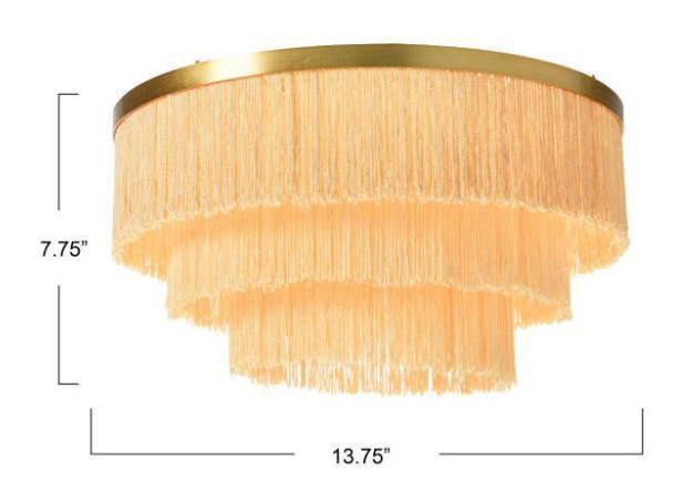 Storied Home 13 3/4 in. 2-Light Sleek Gold Flush Mount with Fringe Shade in Cream EC0919