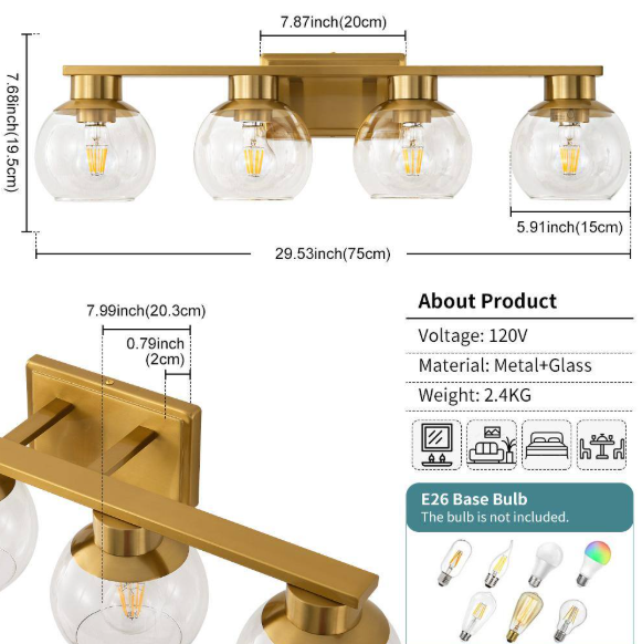 Deyidn 29.53 in. 4-Light Gold Bathroom Vanity Light with Clear Glass Shades, Bulbs not Included