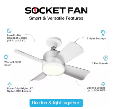 Bell + Howell Socket Fan 15.7 in. Indoor White Socket Ceiling Warm Light Fan with Remote 9965
