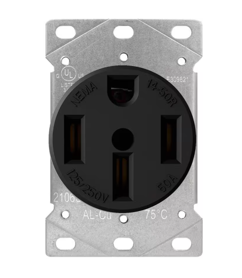 ELEGRP 50 Amp 125/250V, NEMA 14-50R Flush Mount Power Outlet, Single Straight Blade Range and Dryer Outlet Grounding, Black 2106S
