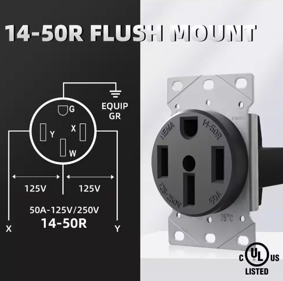 ELEGRP 50 Amp 125/250V, NEMA 14-50R Flush Mount Power Outlet, Single Straight Blade Range and Dryer Outlet Grounding, Black 2106S