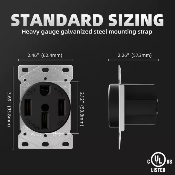 ELEGRP 50 Amp 125/250V, NEMA 14-50R Flush Mount Power Outlet, Single Straight Blade Range and Dryer Outlet Grounding, Black 2106S