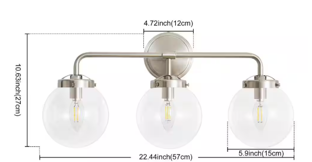 Deyidn Modern 22.44 in. 3-Light Nickel Bathroom Vanity Light with Clear Glass Shades, Suitable Bathrooms, Powder Rooms, etc. D1758-3N-T