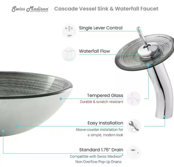 Swiss Madison- Cascade Vessel Sink in Smoky Grey with Faucet