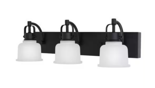 Home Decorators Collection Rockhill 24 in. 3-Light Industrial Matte Black LED Integrated Bathroom Vanity Light with Frosted Glass Shades 51779