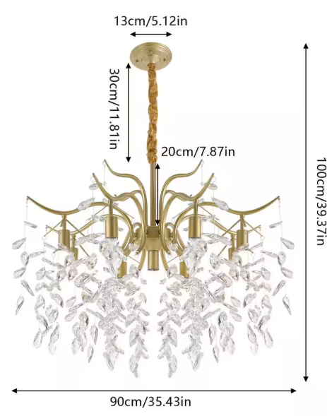 35 in. 9-Light Gold Elegant Luxury Crystal Chandelier with Adjustable Height for Bedroom Living Room, No Bulbs Included