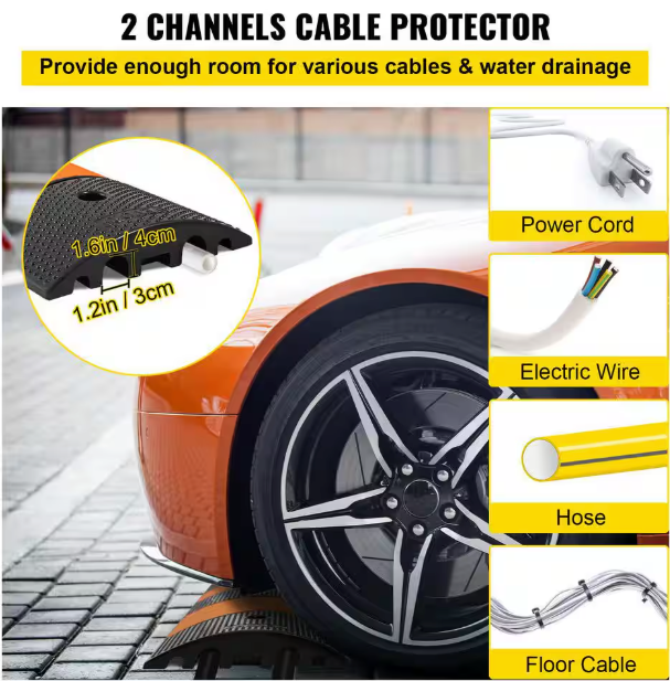 VEVOR Rubber Speed Bump 2 Channel 72 in. x 12 in. Garage Speed Bump 22000 LBS. Loading with 2 End Cap for Asphalt Driveway