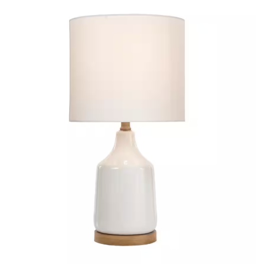 Saddlebrook 21.5 in. Cream Ceramic and Faux Wood Table Lamp with White Fabric Shade