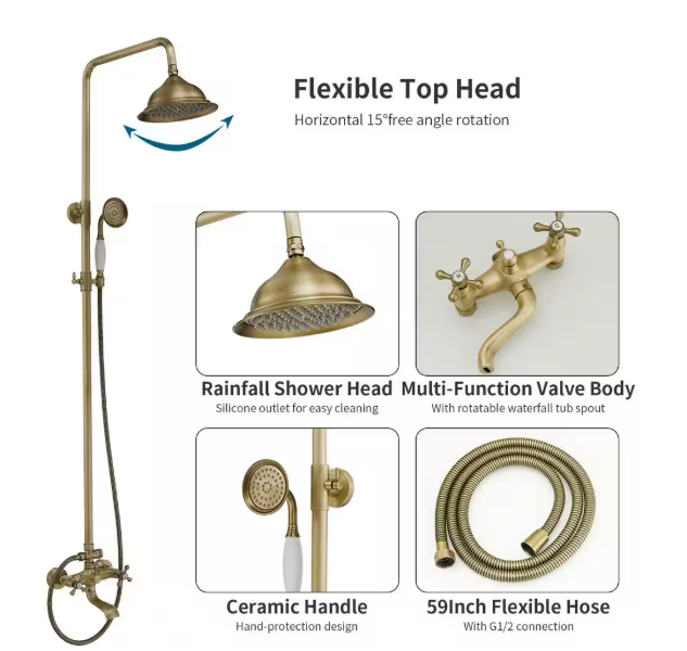 BWE 3-Spray Wall Bar Shower Kit Round Rain Shower Head with Tub Spout Hand Shower Brass Pipe 2 Cross Knobs in Antique A-98023-S-Anti