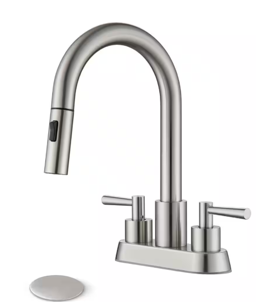GAGALIFE 4 in. Centerset Double Handle High Arc Bathroom Sink Faucet with Pull Out Sprayer and Pop Up Drain in Brushed Nickel HWC-FX-CL-SB-N