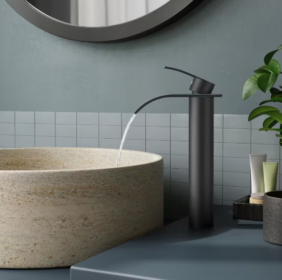 Androme Fountain 11 in. Single Hole Single Handle Bathroom Vanity Vessel Sink Faucet with Pop Up Drain in Matte Black A3A5HB