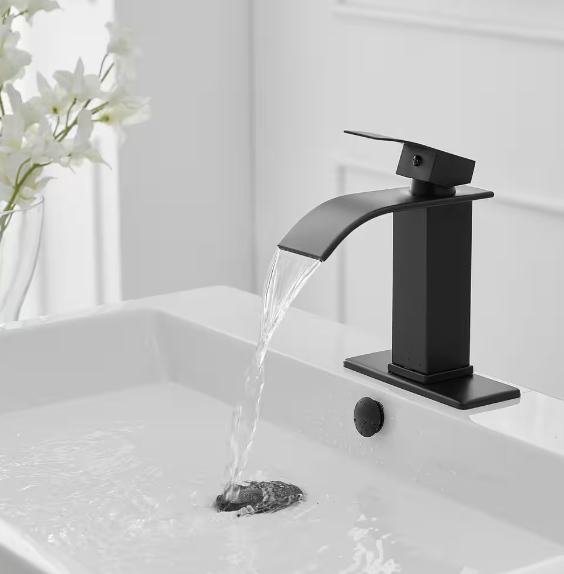 BWE Waterfall Single Handle Single Hole Low-Arc Bathroom Faucet Bathroom With Drain Assembly Vanity Faucet in Matte Black A-96021B-SS-2
