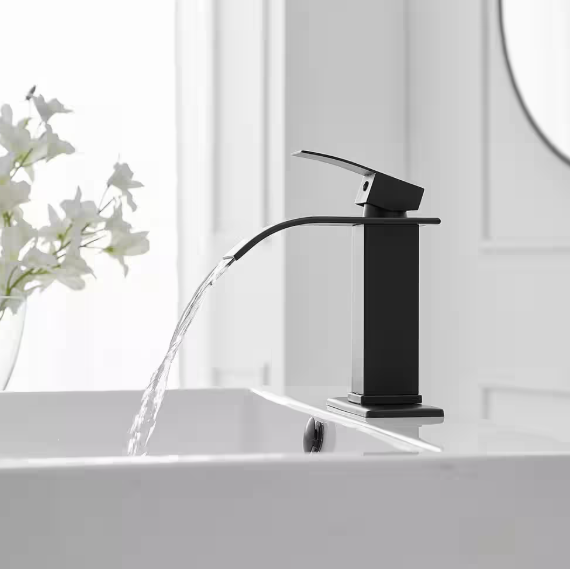 BWE Waterfall Single Handle Single Hole Low-Arc Bathroom Faucet Bathroom With Drain Assembly Vanity Faucet in Matte Black A-96021B-SS-2