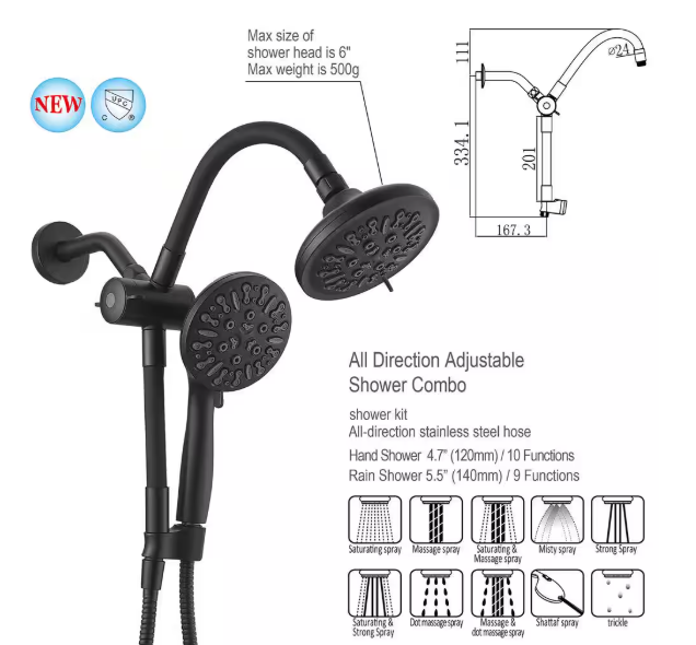 BWE 8-Spray Wall Mount Handheld Shower Head Shower Faucet 1.8 GPM with 3-Way Combo Dual 2 in 1 Shower head in Matte Black A-9H-7824-B