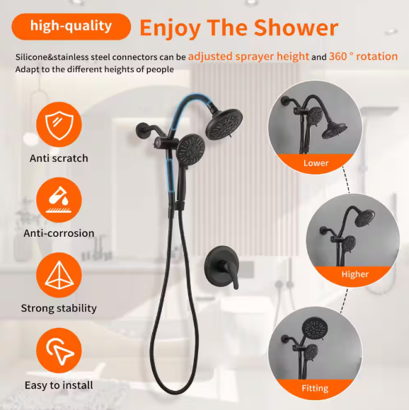 BWE 8-Spray Wall Mount Handheld Shower Head Shower Faucet 1.8 GPM with 3-Way Combo Dual 2 in 1 Shower head in Matte Black A-9H-7824-B
