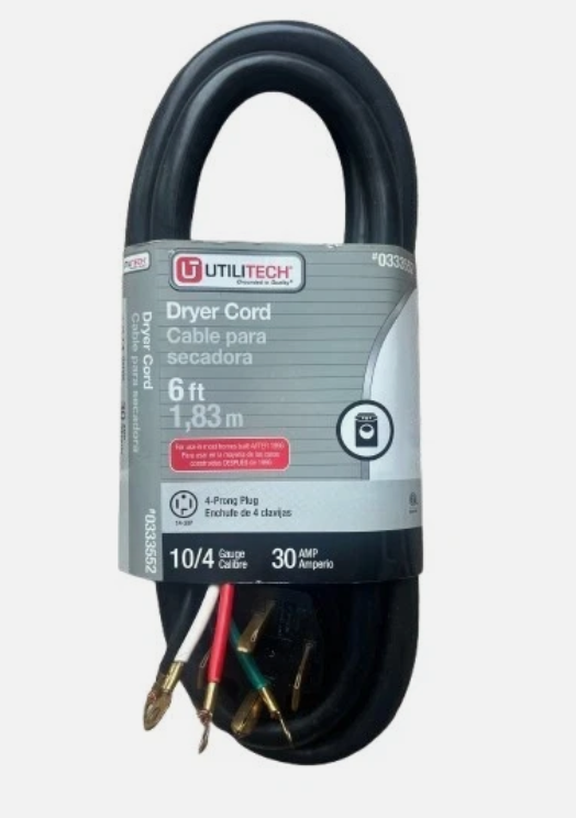 Utilitech Dryer Power Cord Cable 6 ft 4-Prong Plug 30 Amp 10/4 Gauge