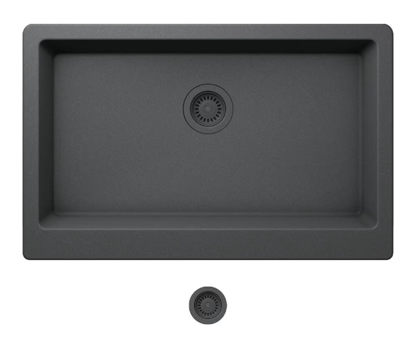 Glacier Bay Stonehaven 33 in. Farmhouse Charcoal Gray Granite Composite Single Bowl Apron Front Kitchen Sink with Matching Strainer STHVILM100LU 12