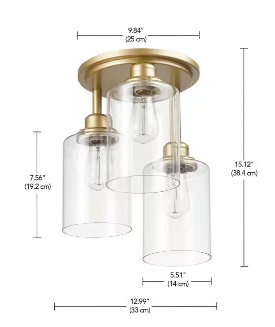 Globe Electric Annecy 13 in. 3-Light Matte Gold Semi-Flush Mount Ceiling Light with Clear Glass Shades 65457