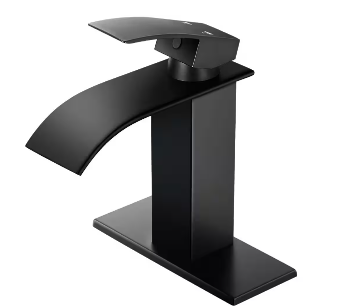 AKLFGN Waterfall Spout 1-Handle Low Arc 1-Hole Bathroom Faucet with Deckplate Included in Matte Black HD-AM-003B-DP
