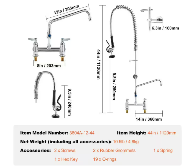 SKYSHALO Commercial Faucet 44 in. Double Handle Pull Down Sprayer Kitchen Faucet for 1/2/3 Compartment Sink in Silver JBSYCXSLTJBS3O1FMV0-1115