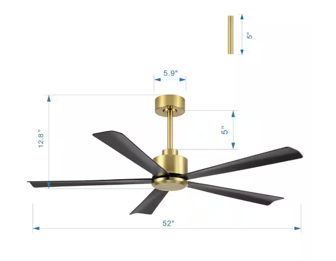 Breezary Melony 52 in. 6-Speed Indoor Black-Blade Gold Ceiling Fans with Remote Control Included 30010-BK