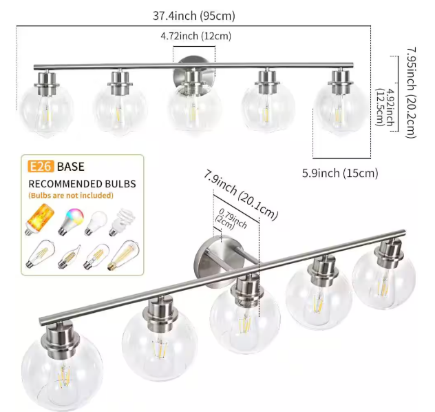 Deyidn Modern 37.4 in. 5-Light Nickel Bathroom Vanity Light Interior Powder Room Lighting with Clear Globe Shades 1746-5N