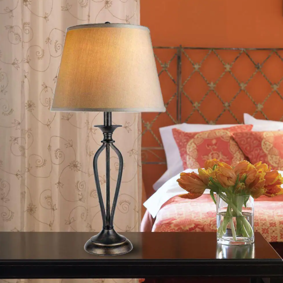 Hampton Bay- Rhodes 28 in. Bronze Table Lamp with Natural Linen Shade
