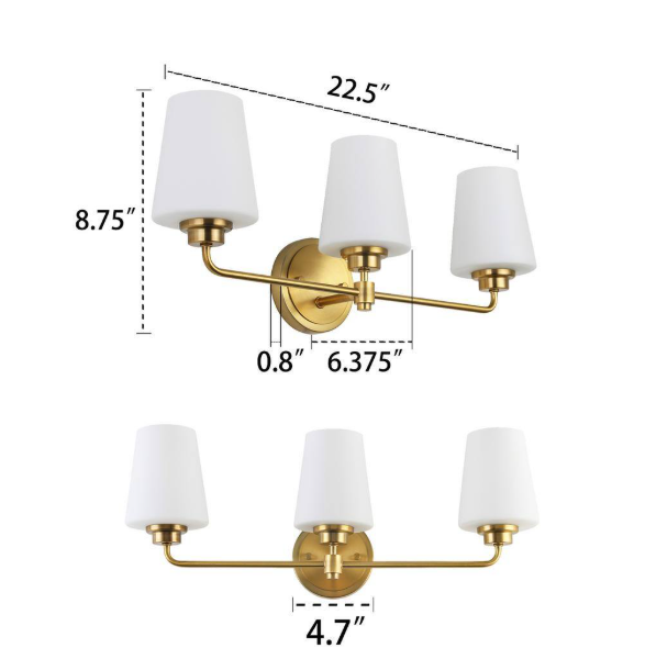 Jushua 22.5 in. W 3-Light White Plus Gold Bathroom Vanity Light with Shade Z-CT-WLBD3