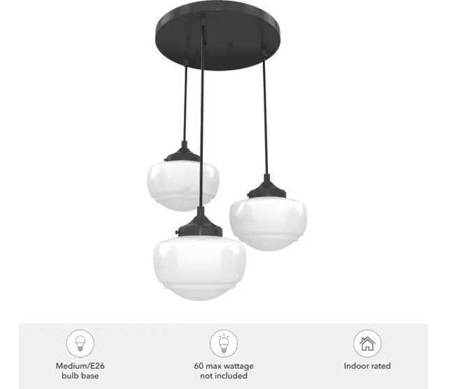Hunter Saddle Creek 3-Light Noble Bronze Schoolhouse Chandelier with Cased White Glass Shades 19502