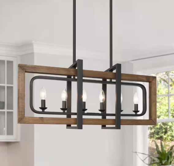 LNC Farmhouse 31.5 in. 6-Light Solid Wood Candlestick Chandelier with Black Rectangle Frame for Dining Room Kitchen Island A03429