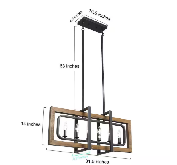 LNC Farmhouse 31.5 in. 6-Light Solid Wood Candlestick Chandelier with Black Rectangle Frame for Dining Room Kitchen Island A03429