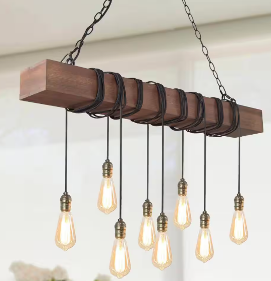 LNC 37.5 in 8-Light Farmhouse Black and Wooden Linear Chandelier Rustic Island Pendant for Dining Room, LED Compatible IRRNQEHD13687L7