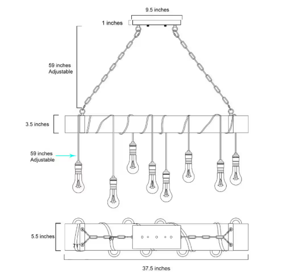 LNC 37.5 in 8-Light Farmhouse Black and Wooden Linear Chandelier Rustic Island Pendant for Dining Room, LED Compatible IRRNQEHD13687L7