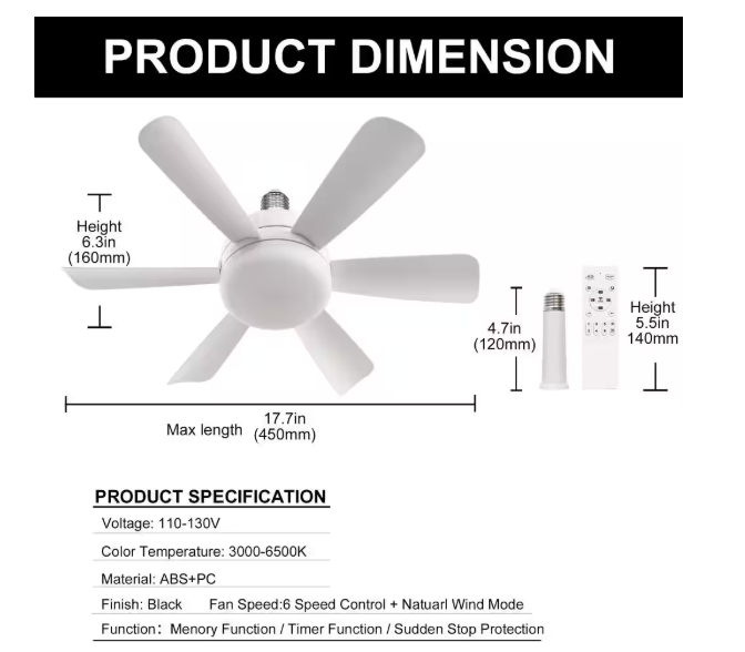 YANSUN 18 in. White Socket Indoor Ceiling Fan with Light, Industrial Screw Ceiling Fan with Remote, Mini Ceiling Fan for Garage HA-CK00401WH-1AK2