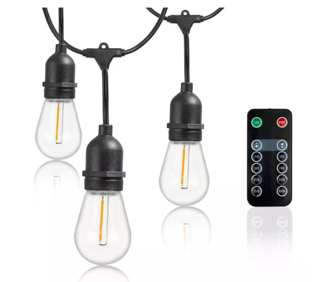 Newhouse Lighting Outdoor 48 ft. Plug-In S14 Edison Bulb LED String Light with Wireless 265W Dimmer, Remote Control, Extra Bulb, Black CSTRINGLEDDIM