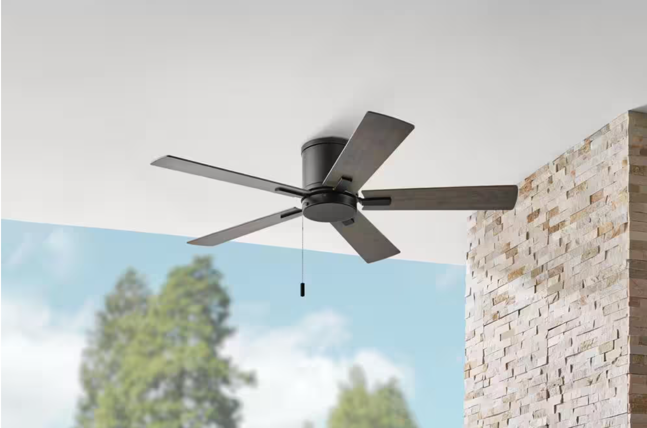 Hampton Bay Grantway 48 in. Indoor/Covered Outdoor Matte Black Low Profile Ceiling Fan Without Light with Pull Chain Included RD5114B-MBK