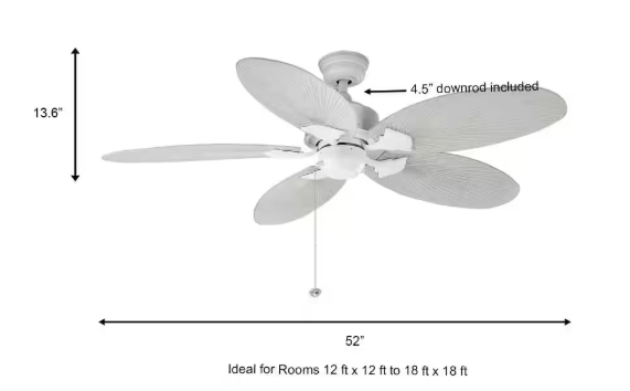 Hampton Bay Lillycrest 52 in. Indoor/Outdoor Matte White Ceiling Fan with Downrod and Reversible Motor; Light Kit Adaptable 32718