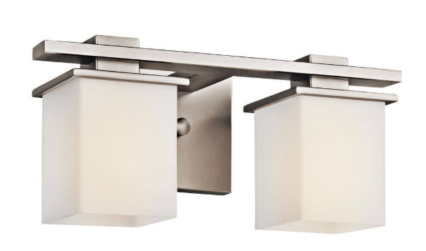 KICHLER Tully 15 in. 2-Light Antique Pewter Contemporary Bathroom Vanity Light with Etched Glass Shade 45150AP