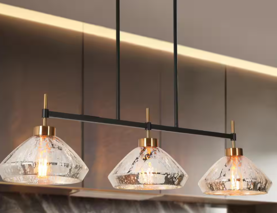 LNC Modern 37.5 in. 3-Light Black and Plated Brass Large Kitchen Island Chandelier with Textured Glass Shades Linear Pendant LFENFRN89H3T8C