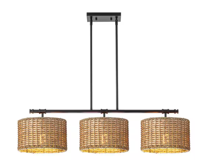 Rennnsan Terry 3-Light Black Farmhouse Linear Island Chandelier Light with Rattan Shades CL8101-62128