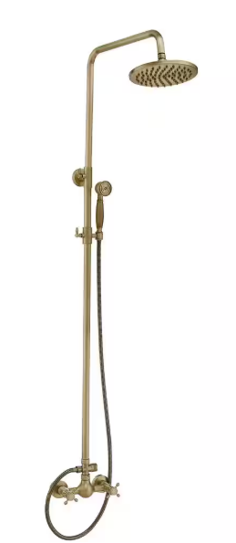 BWE 2-Spray Wall Bar Shower Kit 8 in. Round Rain Shower Head with Hand Shower Brass Pipe 2 Cross Knobs in Antique A-98023-Anti
