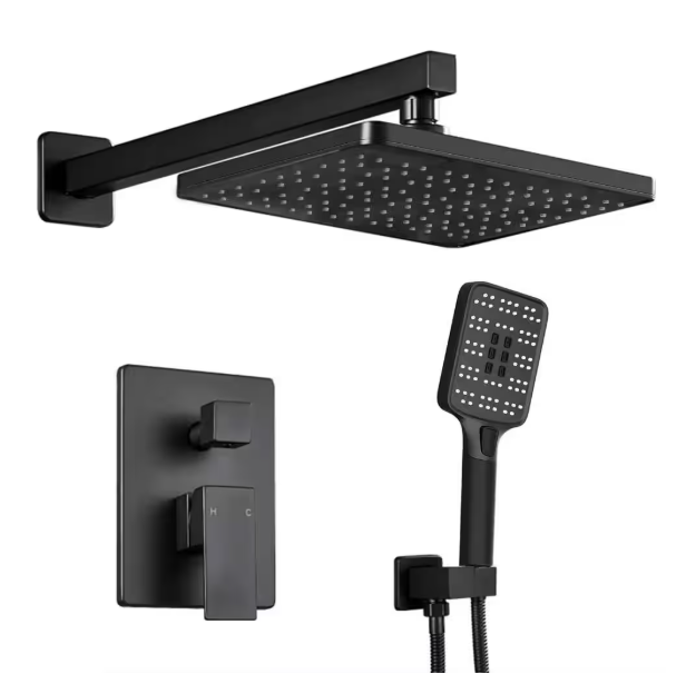 ELLO&ALLO 2-Handle 2- -Spray of Rain Shower Faucet and HandShower Combo Kit with Rectangle Shower Head in Black (Valve Included) ES-B-P160