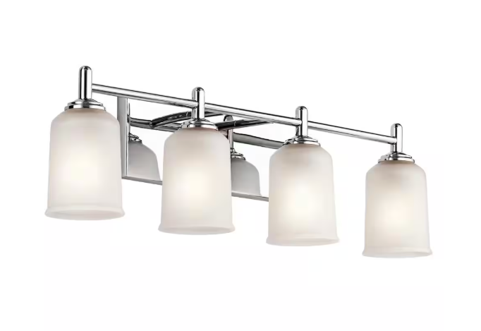 KICHLER Shailene 29.5 in. 4-Light Chrome Traditional Bathroom Vanity Light with Satin Etched Glass 45575CH
