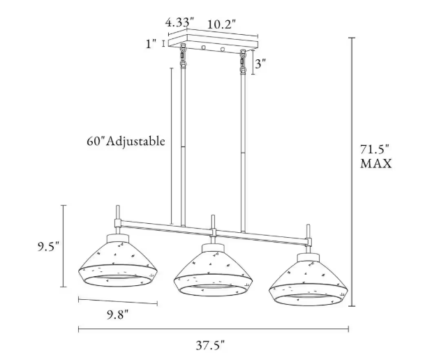 LNC Modern 37.5 in. 3-Light Black and Plated Brass Large Kitchen Island Chandelier with Textured Glass Shades Linear Pendant LFENFRN89H3T8C