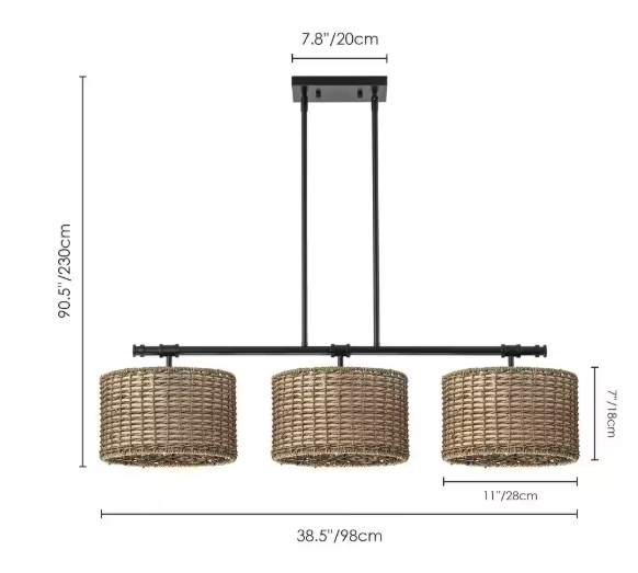 Rennnsan Terry 3-Light Black Farmhouse Linear Island Chandelier Light with Rattan Shades CL8101-62128