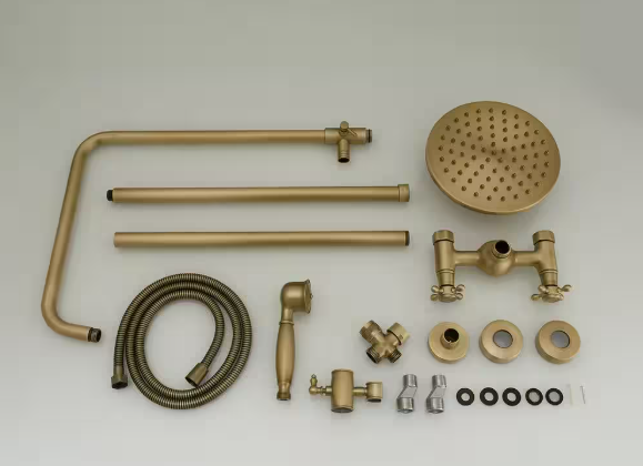 BWE 2-Spray Wall Bar Shower Kit 8 in. Round Rain Shower Head with Hand Shower Brass Pipe 2 Cross Knobs in Antique A-98023-Anti
